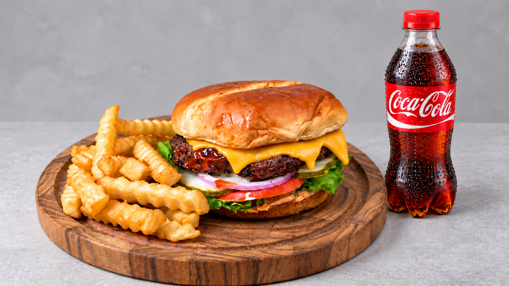 Angus cheeseburger combo with fries and Coca-Cola