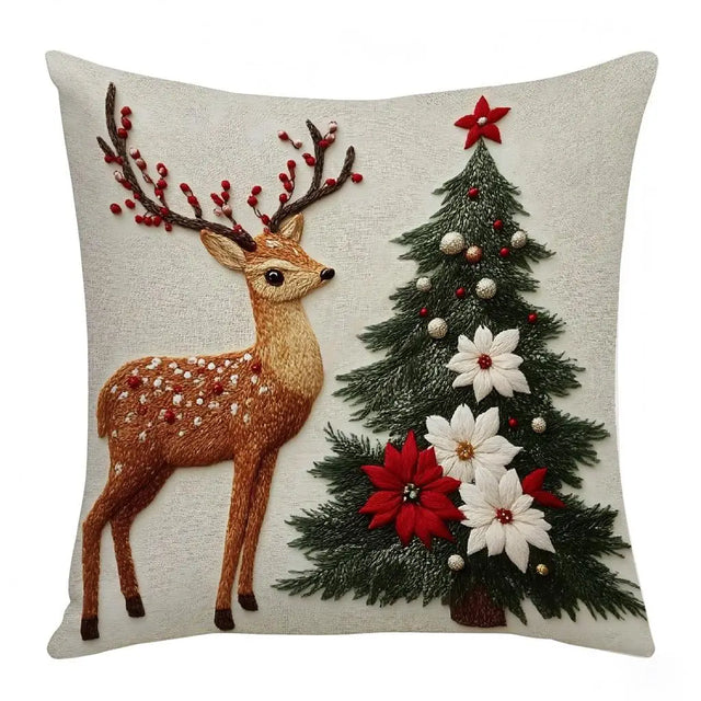 Christmas pillow cover with reindeer and Christmas tree